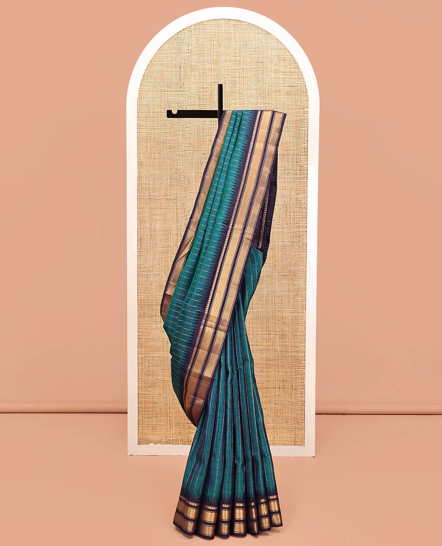 Mayil Color and Navy Blue Vasundhara Lite Silk Mix Saree, Graced with Checked Design All Over Its Body, Complemented by a Contrast Thazampoo Rekku Border of Manga Mokku, Muthu, and Mayil Kann Designs, Grand Pallu, and Paired with a Contrast Blouse - Image 4