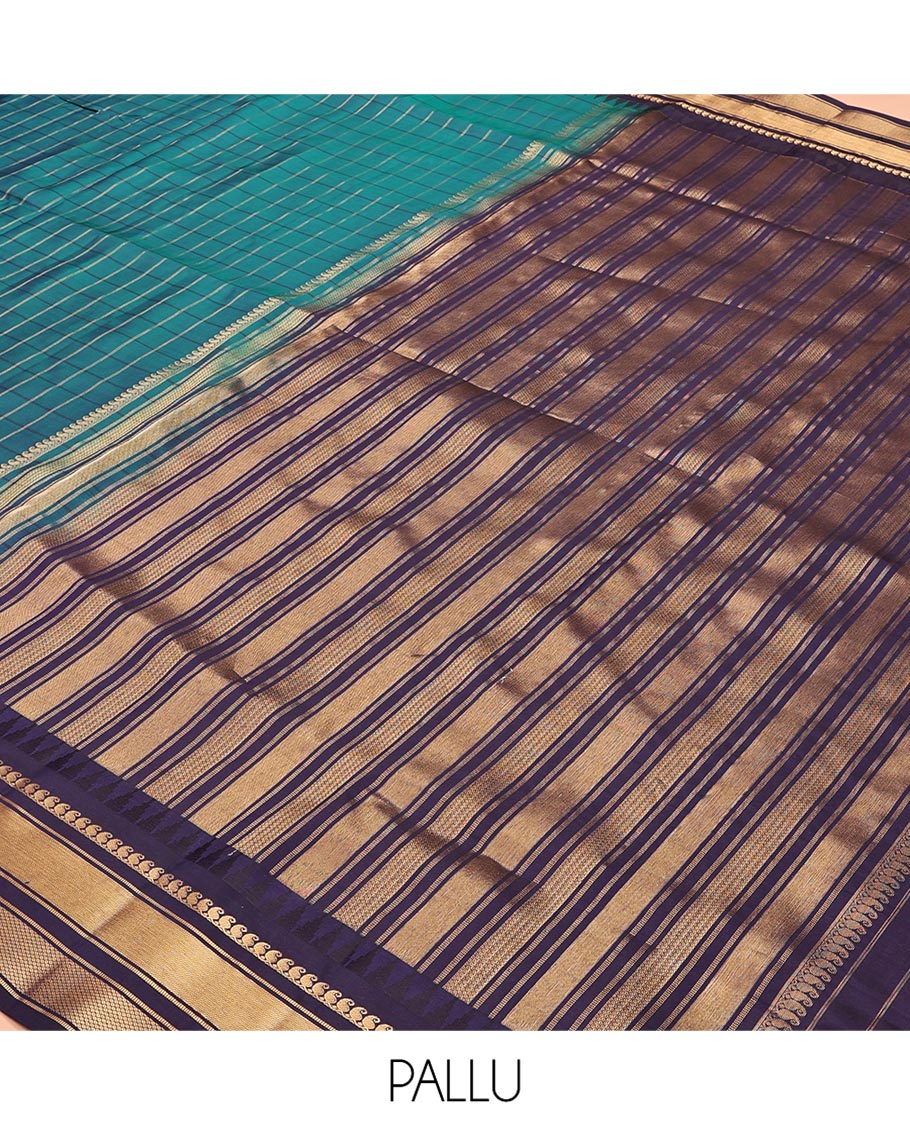 Mayil Color and Navy Blue Vasundhara Lite Silk Mix Saree, Graced with Checked Design All Over Its Body, Complemented by a Contrast Thazampoo Rekku Border of Manga Mokku, Muthu, and Mayil Kann Designs, Grand Pallu, and Paired with a Contrast Blouse - Image 8