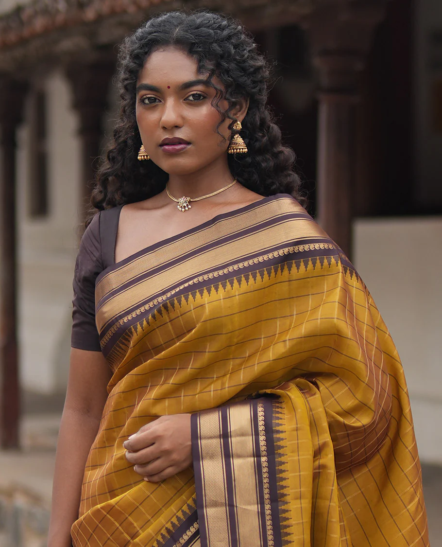 Mehendi Green and Brown Vasundhara Lite Silk Mix Saree, Graced with Checked Design All Over Its Body, Complemented by a Contrast Thazampoo Rekku Border of Manga Mokku, Muthu, and Mayil Kann Designs, Grand Pallu, and Paired with a Contrast Blouse - Image 2