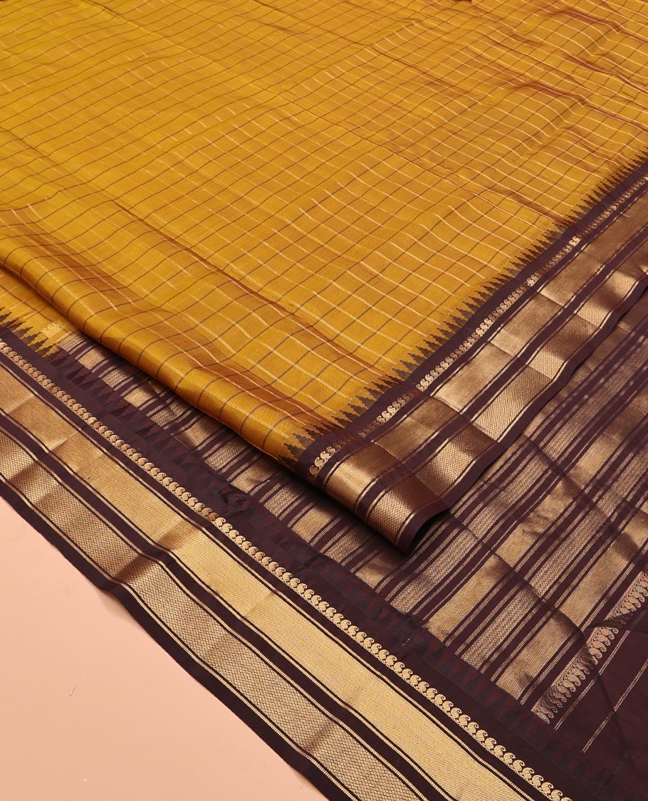 Mehendi Green and Brown Vasundhara Lite Silk Mix Saree, Graced with Checked Design All Over Its Body, Complemented by a Contrast Thazampoo Rekku Border of Manga Mokku, Muthu, and Mayil Kann Designs, Grand Pallu, and Paired with a Contrast Blouse - Image 4