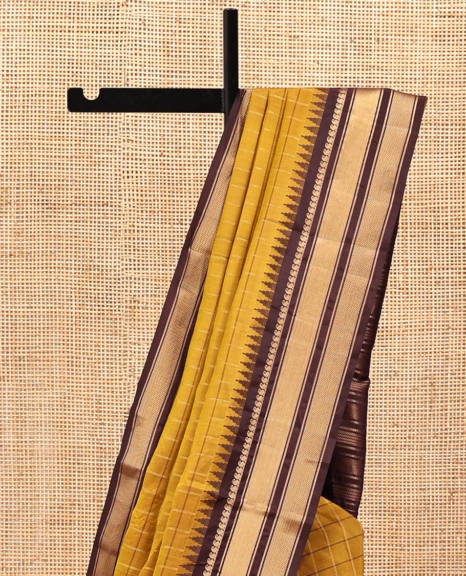 Mehendi Green and Brown Vasundhara Lite Silk Mix Saree, Graced with Checked Design All Over Its Body, Complemented by a Contrast Thazampoo Rekku Border of Manga Mokku, Muthu, and Mayil Kann Designs, Grand Pallu, and Paired with a Contrast Blouse - Image 5