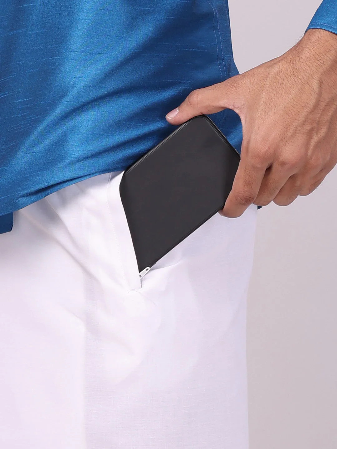 Men's Ramar Blue Dupion Satin Color Shirt with Matching Border Flexi Dhoti Combo Gora Flexi - Image 2