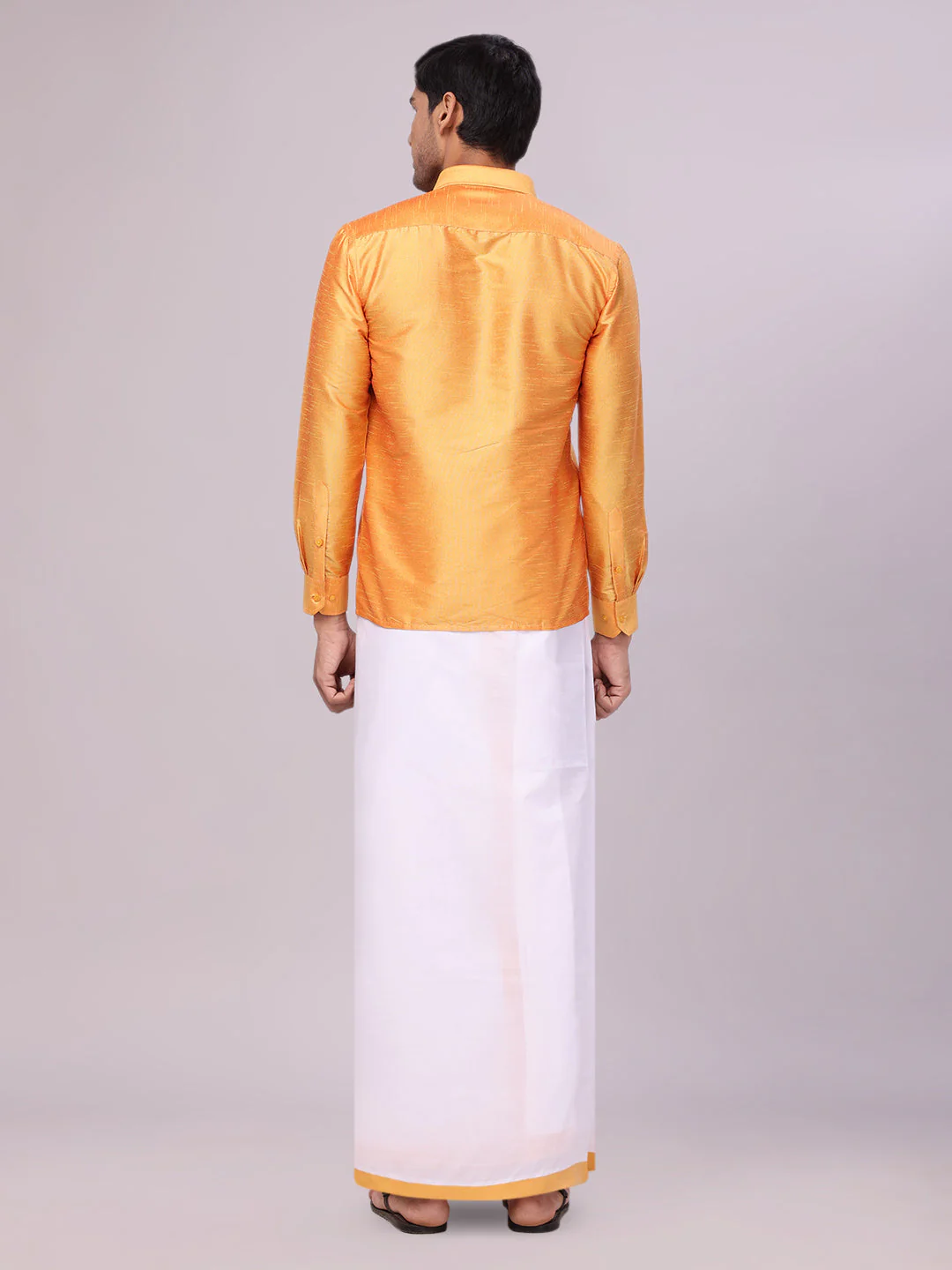 Men's Yellow Dupion Satin Color Shirt with Matching Border Flexi Dhoti Combo Gora Flexi - Image 5
