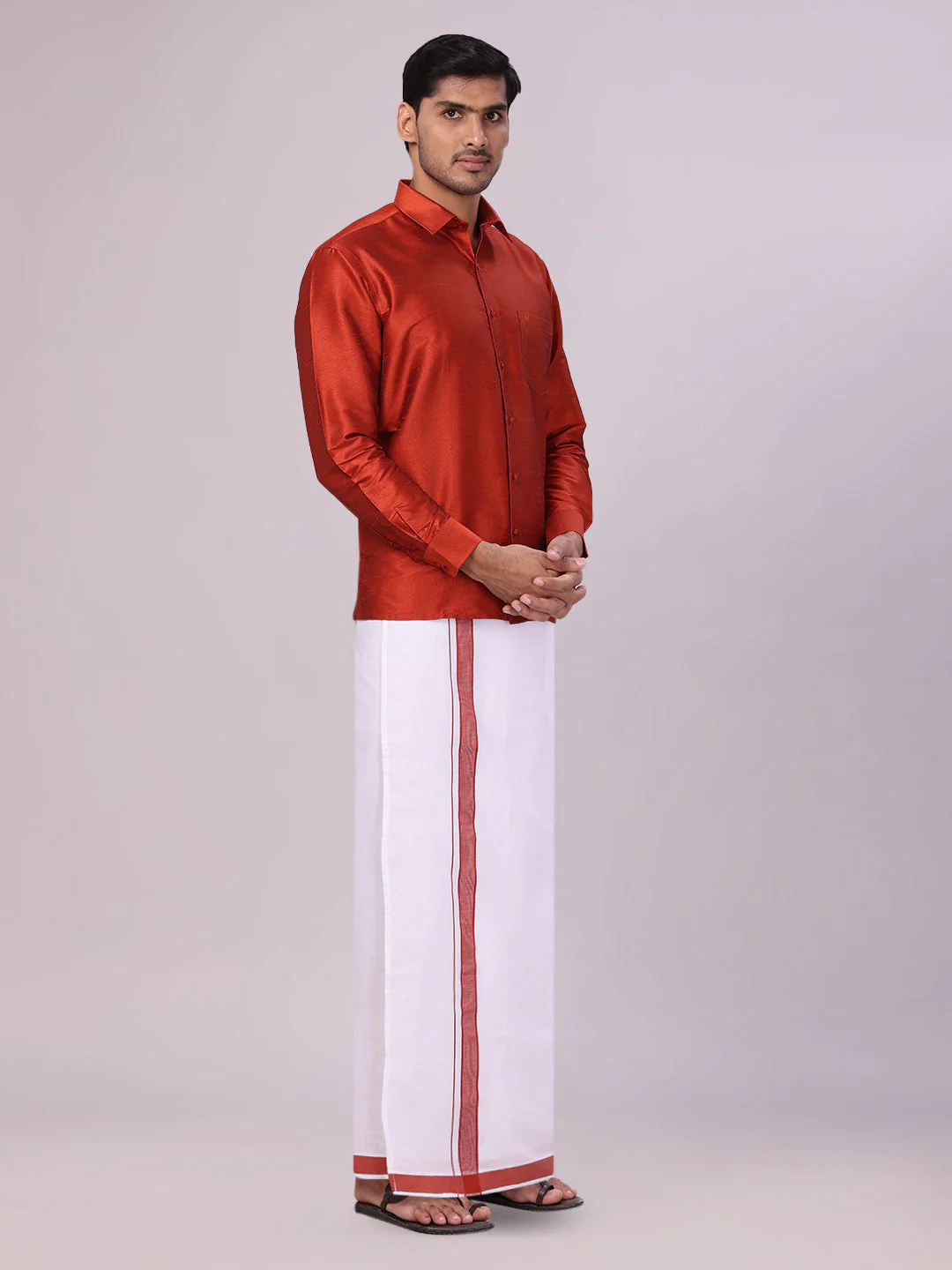 Mens Brick Red Dupion Satin Color Shirt with Matching Border Flexi Dhoti Combo Gora Flexi - Image 3