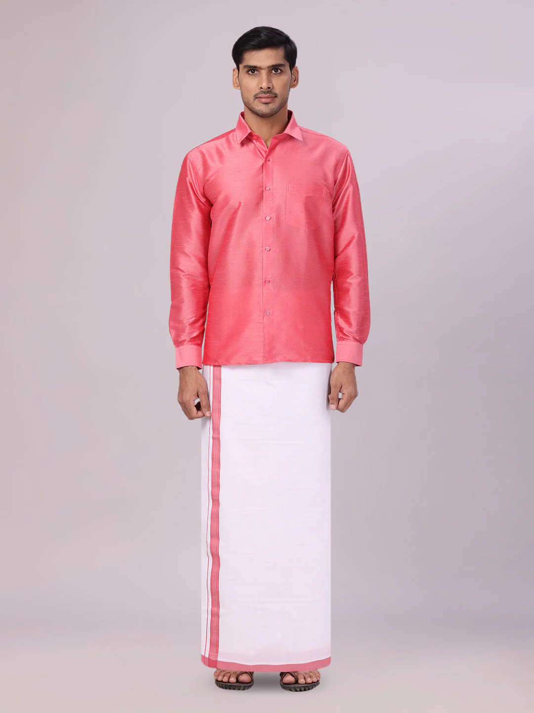 Mens Coral Pink Dupion Satin Shirt with Matching Border Dhoti Combo Gora