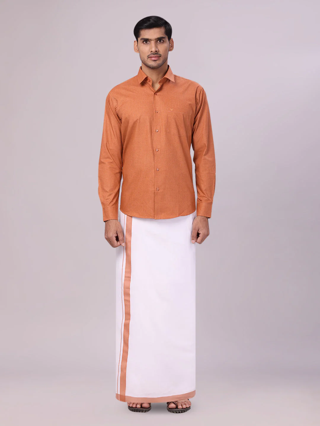Mens Cotton Brown Shirt with Matching Border Flexi Dhoti Combo Casper Flexi