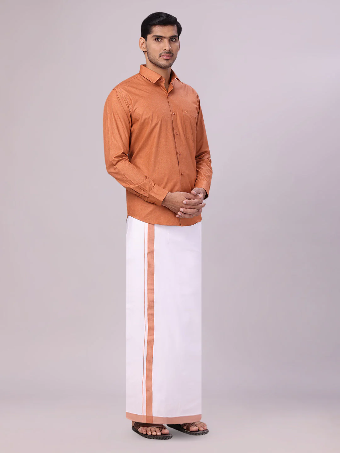 Mens Cotton Brown Shirt with Matching Border Flexi Dhoti Combo Casper Flexi - Image 3