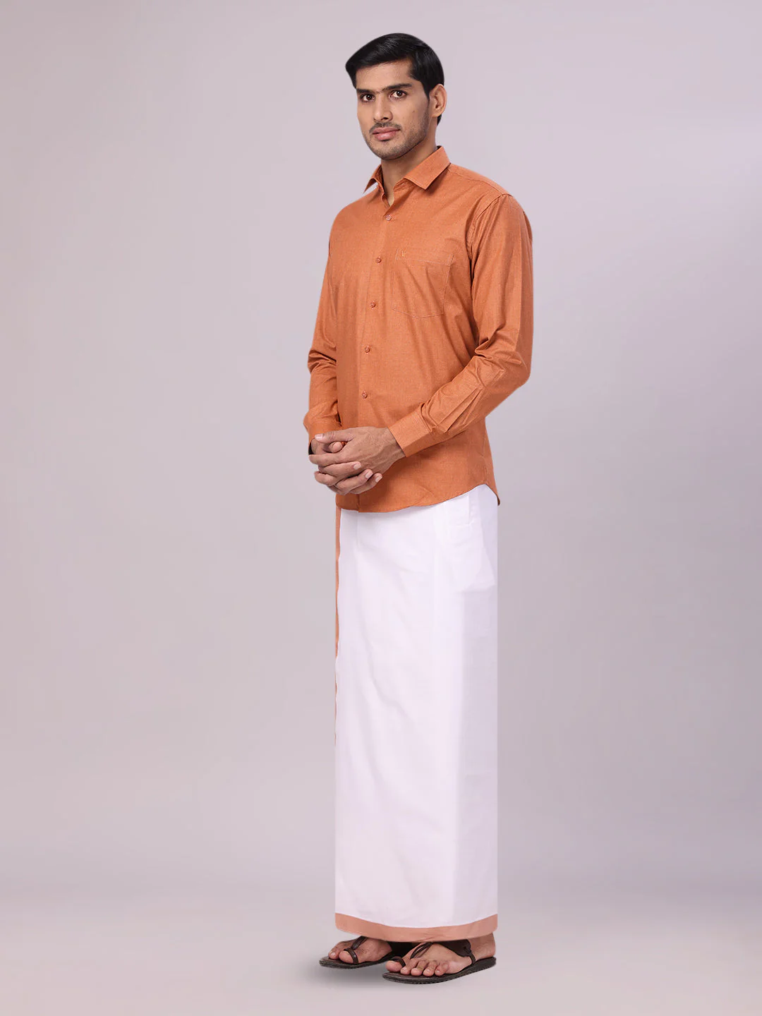 Mens Cotton Brown Shirt with Matching Border Flexi Dhoti Combo Casper Flexi - Image 4