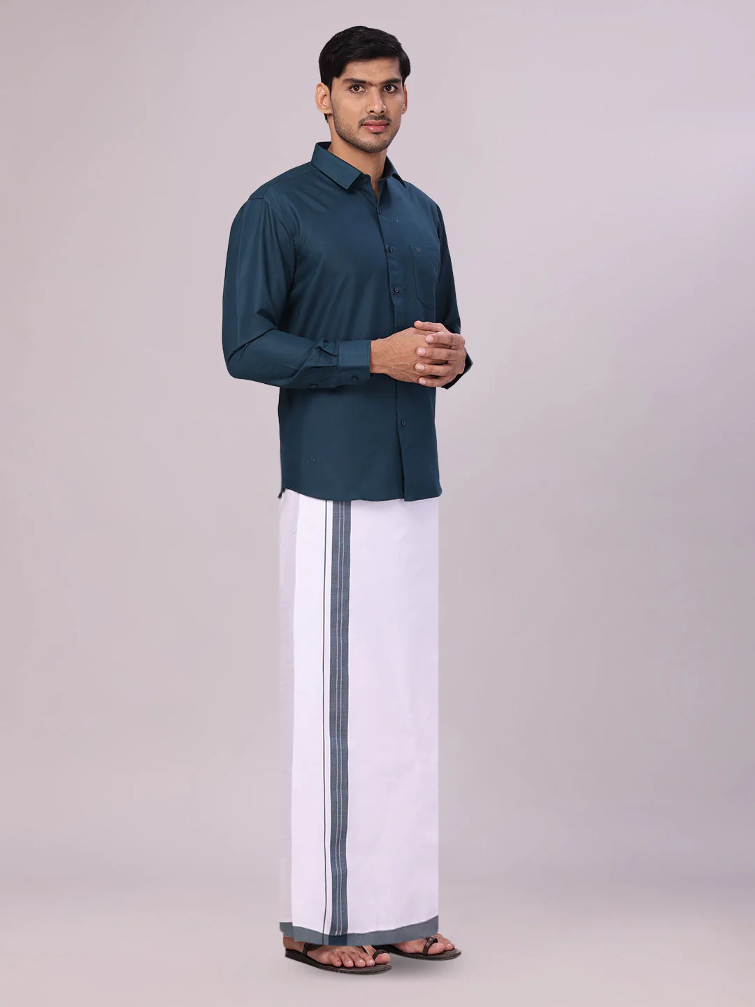 Mens Cotton Dark Green Matching Shirt and Dhoti Combo Luster - Image 3