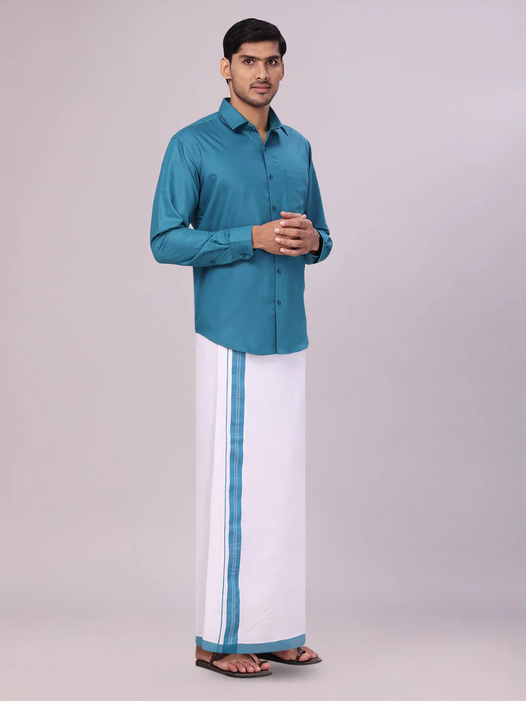 Mens Cotton Green Matching Shirt and Dhoti Combo Luster - Image 3