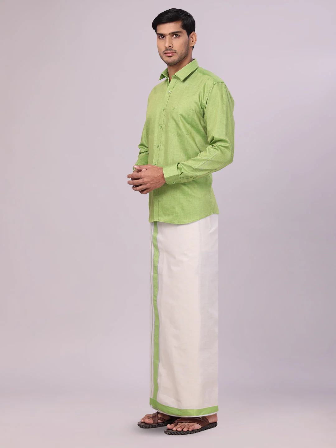 Mens Cotton Light Green Shirt with Tissue Matching Border Dhoti Wedding Combo Kandala - Image 3