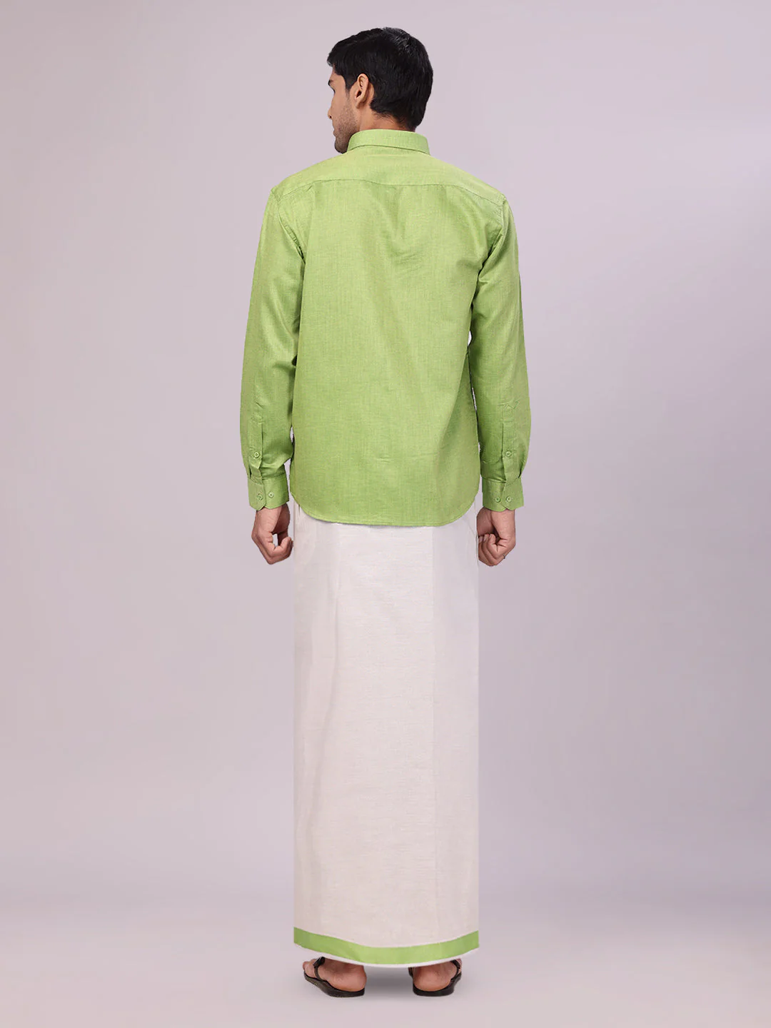 Mens Cotton Light Green Shirt with Tissue Matching Border Dhoti Wedding Combo Kandala - Image 4