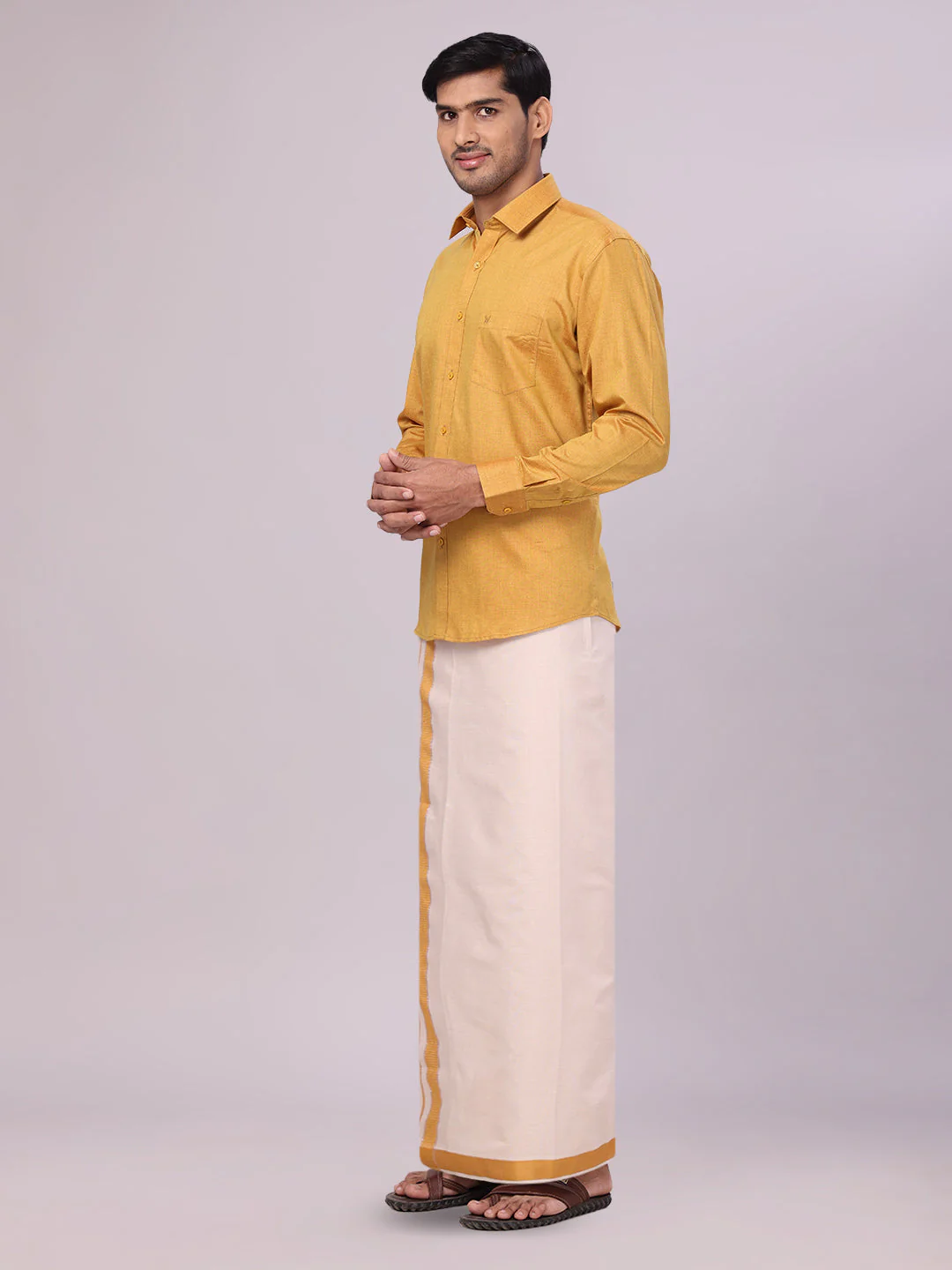 Mens Cotton Mustard Shirt with Tissue Matching Border Dhoti Wedding Combo Kandala - Image 3