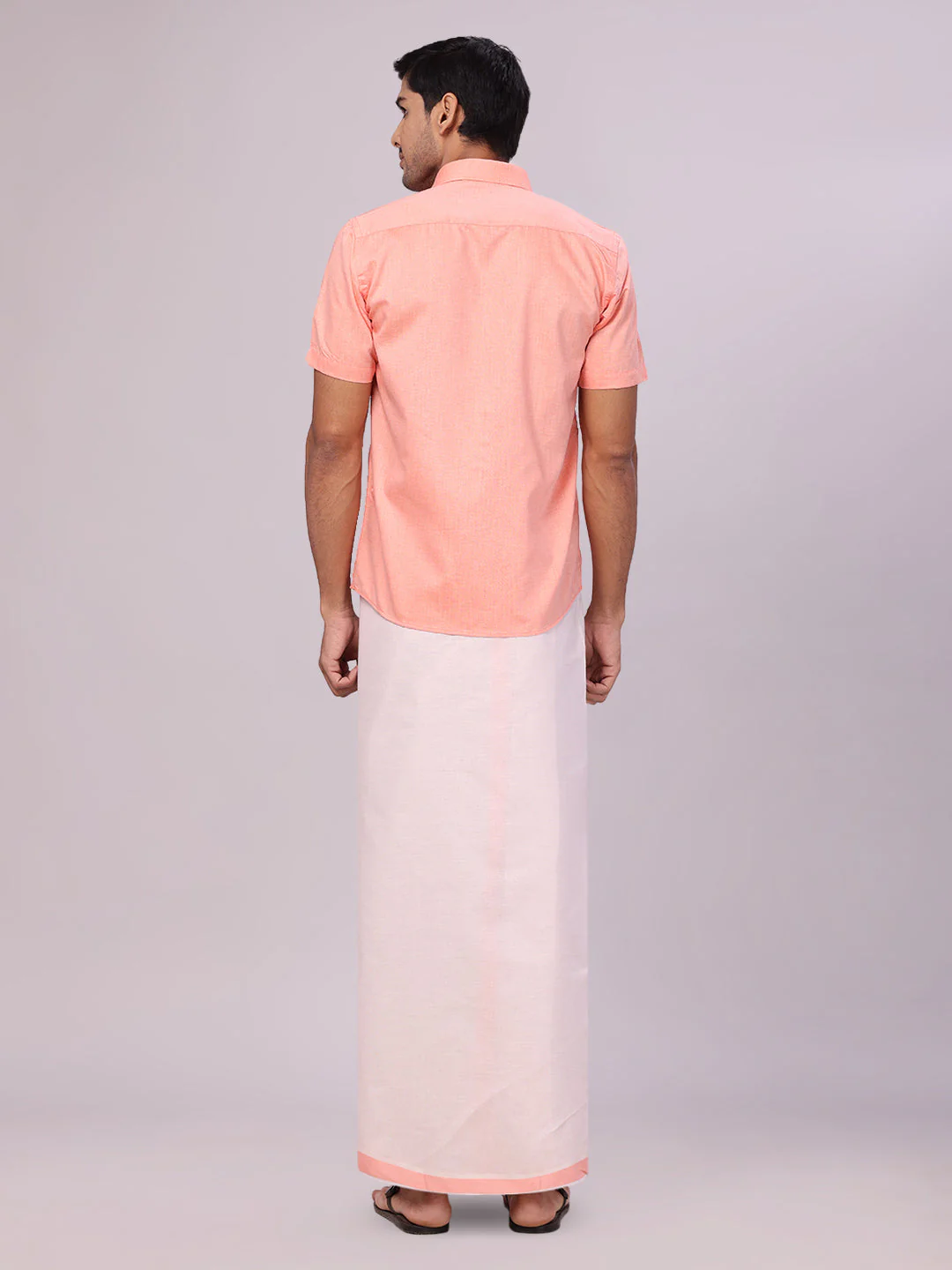 Mens Cotton Peach Shirt with Tissue Matching Border Dhoti Wedding Combo Kandala - Image 4