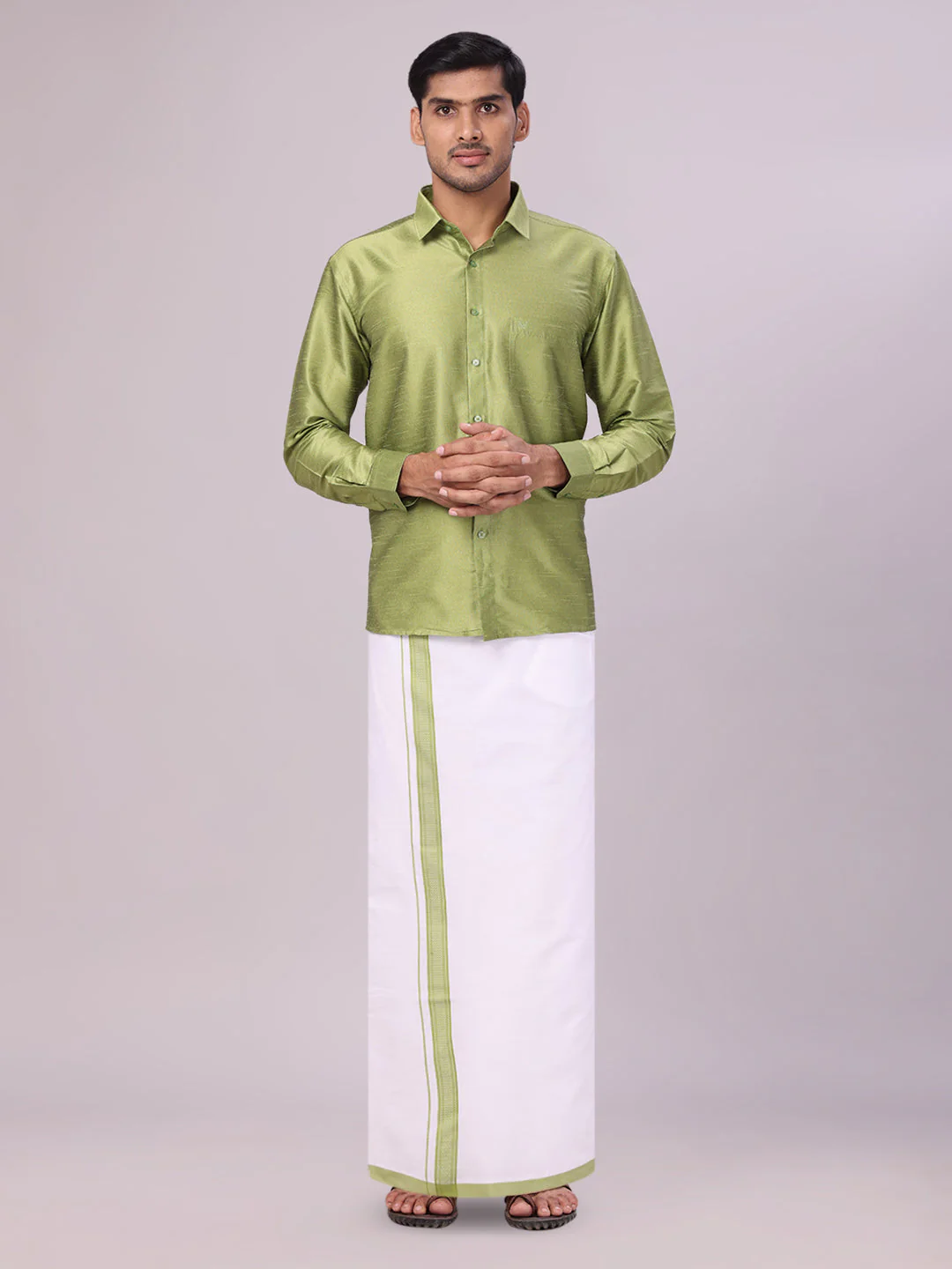 Mens Green Dupion Satin Shirt with Matching Border Dhoti Combo Gora