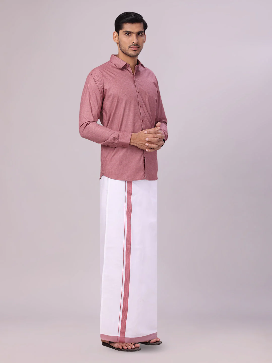 Mens Light Maroon Color Shirt with Matching Border Dhoti Combo Casper - Image 3