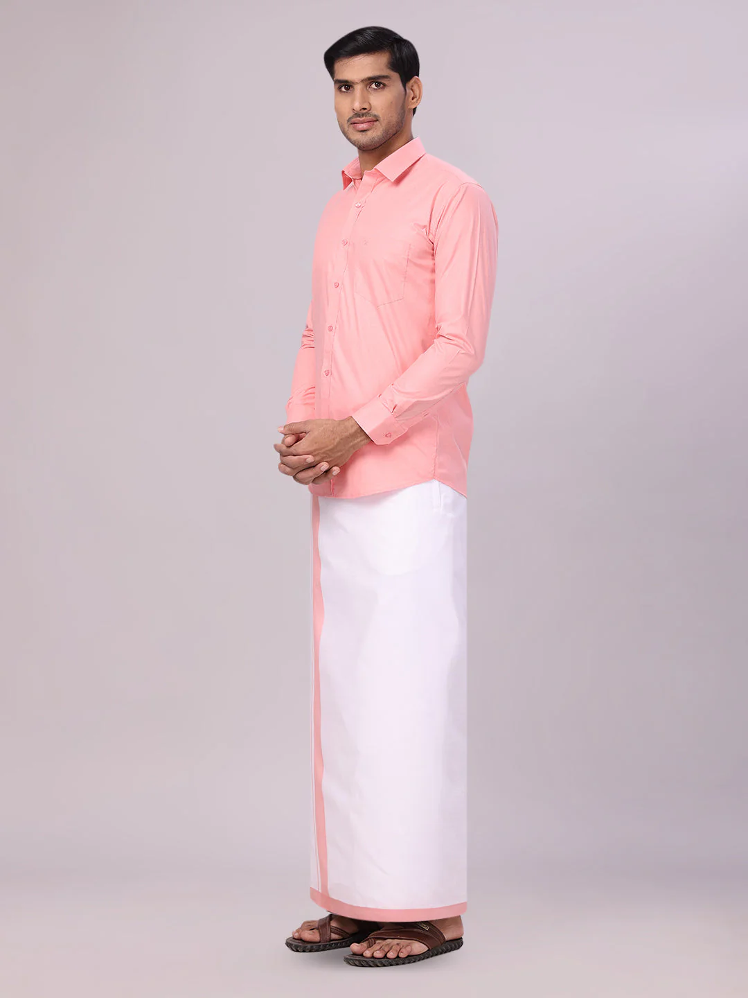 Mens Light Pink Color Shirt with Matching Border Dhoti Combo Casper - Image 2