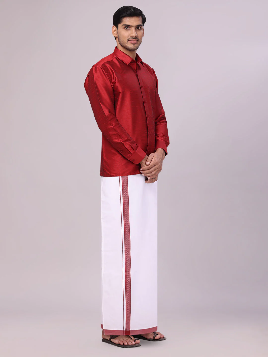 Mens Red Dupion Satin Color Shirt with Matching Border Dhoti Combo Gora - Image 3