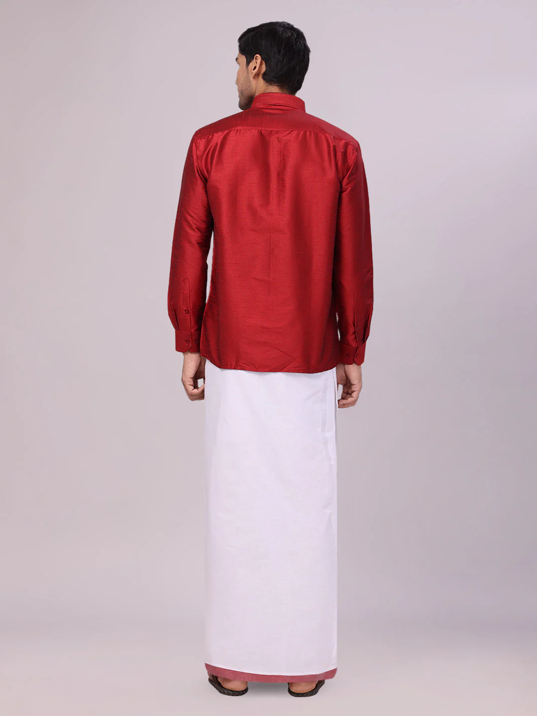 Mens Red Dupion Satin Color Shirt with Matching Border Dhoti Combo Gora - Image 4
