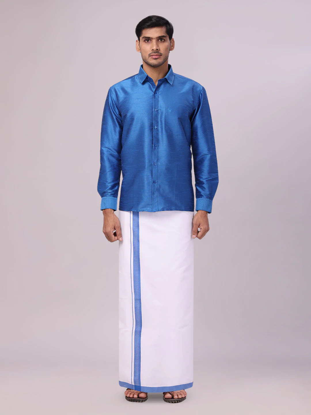 Mens Sky Blue Dupion Satin Color Shirt with Matching Border Flexi Dhoti Combo Gora Flexi