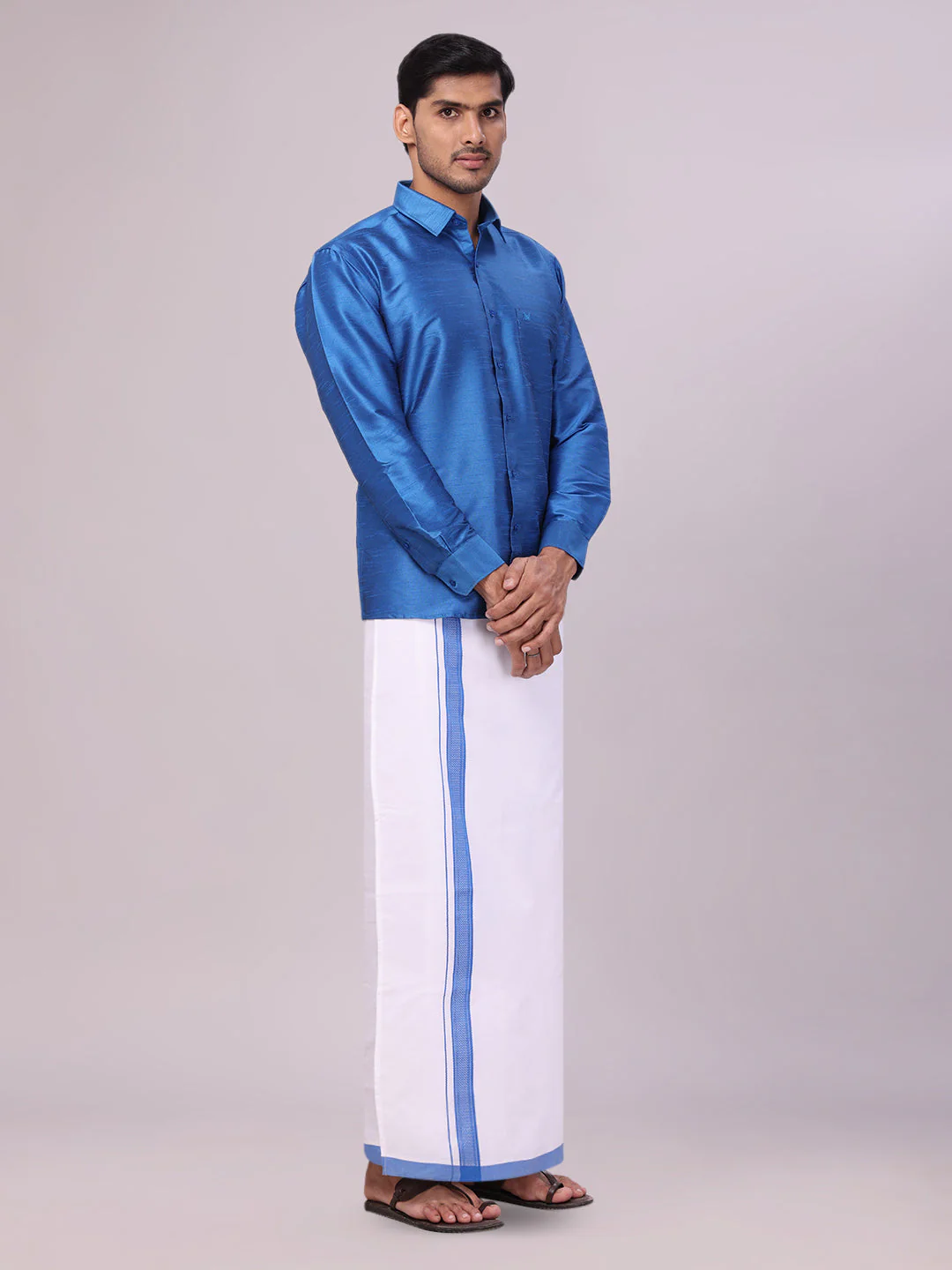Mens Sky Blue Dupion Satin Color Shirt with Matching Border Flexi Dhoti Combo Gora Flexi - Image 3