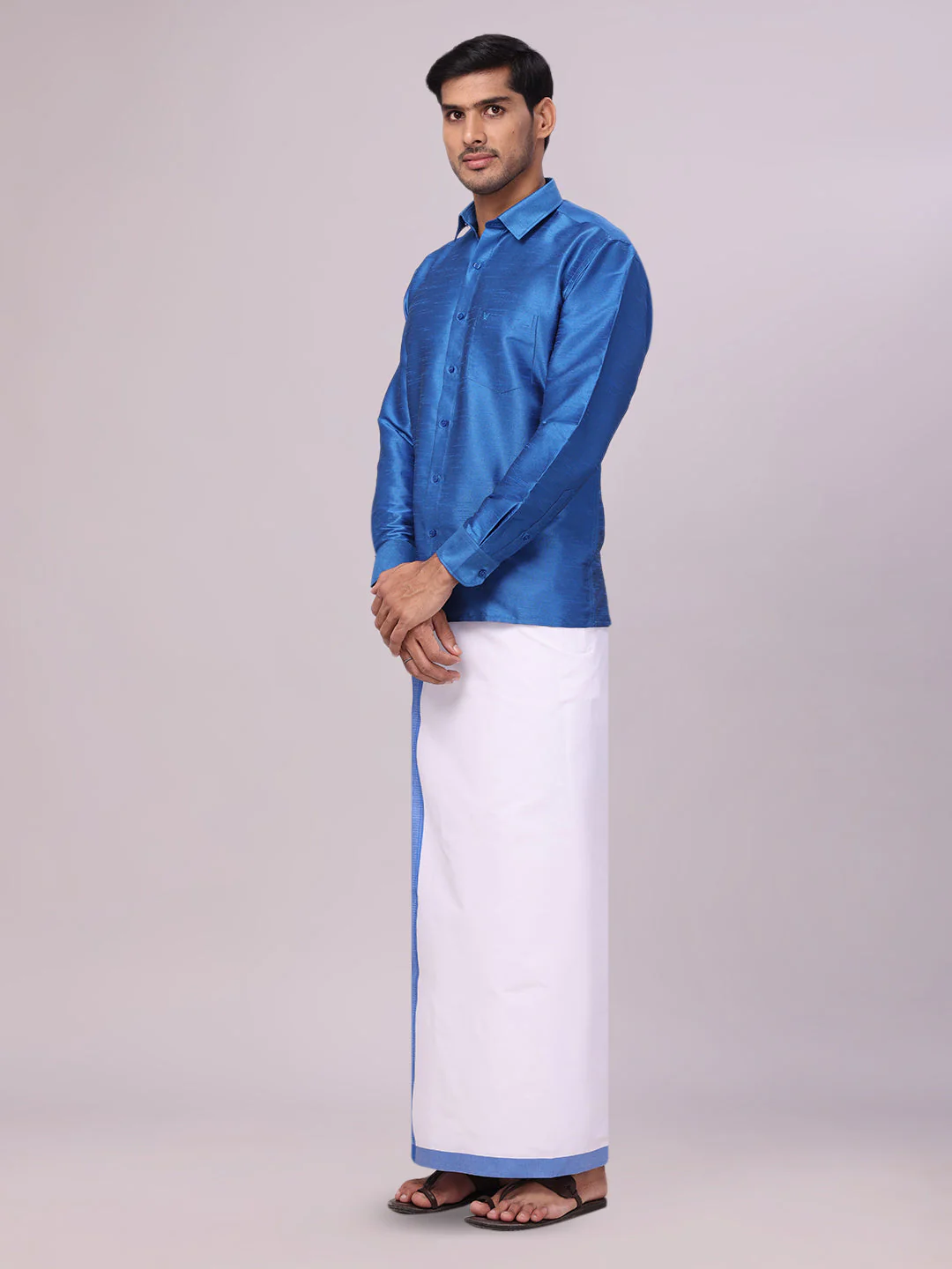 Mens Sky Blue Dupion Satin Color Shirt with Matching Border Flexi Dhoti Combo Gora Flexi - Image 4