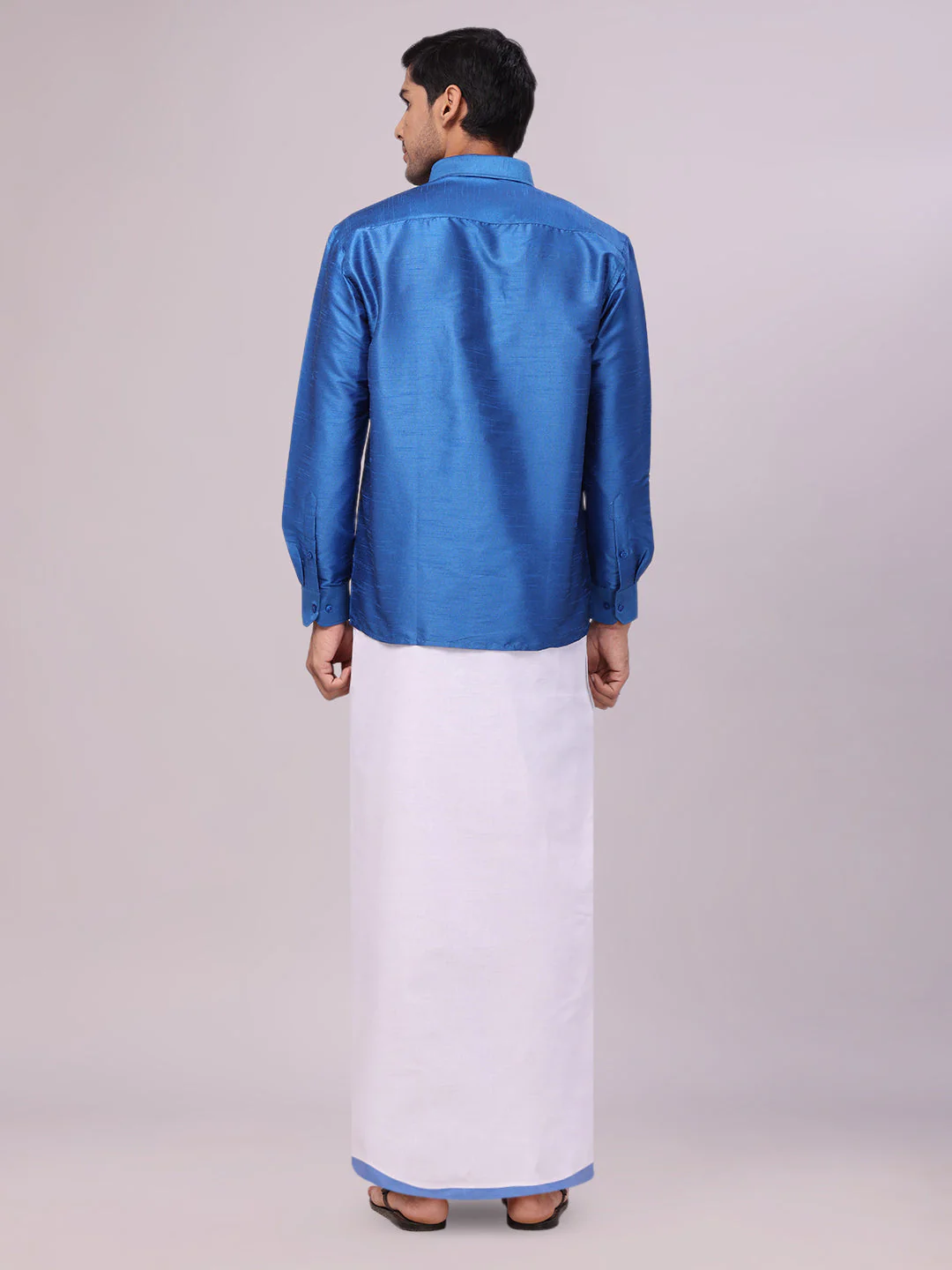 Mens Sky Blue Dupion Satin Color Shirt with Matching Border Flexi Dhoti Combo Gora Flexi - Image 5
