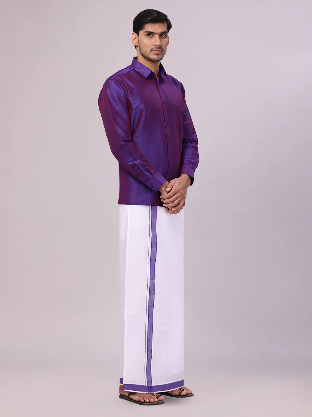 Mens Violet Dupion Satin Color Shirt with Matching Border Dhoti Combo Gora - Image 2