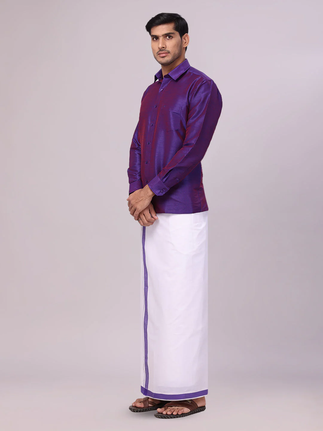 Mens Violet Dupion Satin Color Shirt with Matching Border Dhoti Combo Gora - Image 3