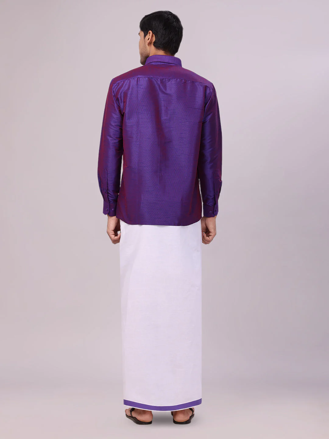 Mens Violet Dupion Satin Color Shirt with Matching Border Dhoti Combo Gora - Image 4