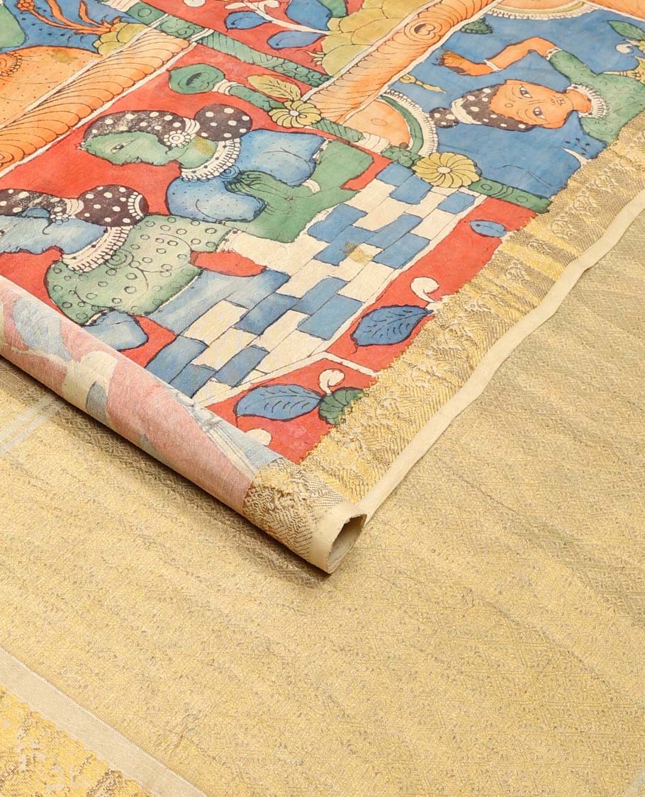 Multi-color ancient human motifs painted pen kalamkari silk saree, traditional zari border, and zari-rich jaal pallu - Image 2