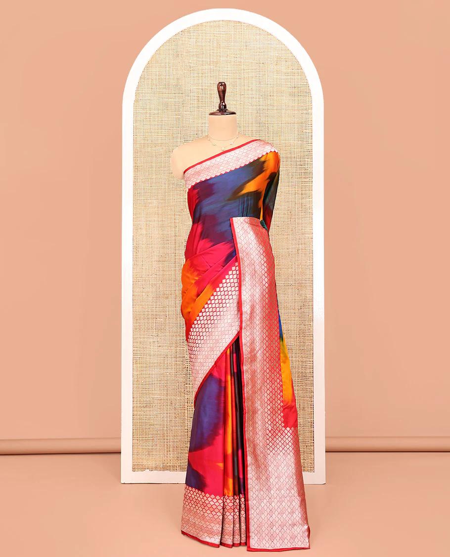Multi-Color Banarasi Silk Saree, Vibrantly Adorned with Colorful Ikkat Weave on Its Body, Highlighted by a Self-Border of Jaal Designs, Pallu of Jaal Designs, and Paired with a Matching Blouse - Image 3