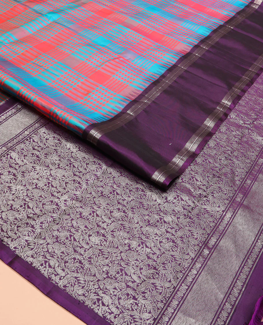 Multi-color checked Kanchipuram silk saree, contrast thazampoo rekku rettai pettu border, and vanasingaram-style flora-fauna motifs woven pallu - Image 2