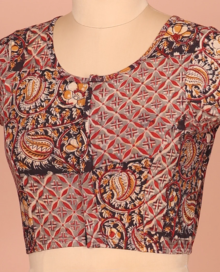 Multi-color Cotton Readymade Blouse Bedecked with All-Over Floral Vine-Jaal Print, Featuring a Front Round-Neck, a Closed Back-Neck, and Elbow Sleeves - Image 2