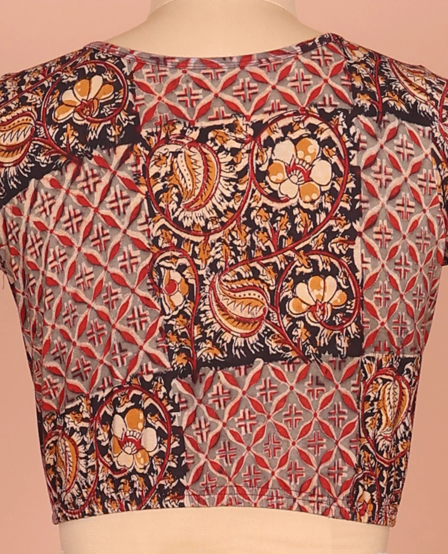 Multi-color Cotton Readymade Blouse Bedecked with All-Over Floral Vine-Jaal Print, Featuring a Front Round-Neck, a Closed Back-Neck, and Elbow Sleeves - Image 3