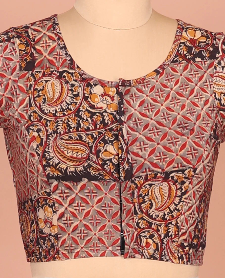 Multi-color Cotton Readymade Blouse Bedecked with All-Over Floral Vine-Jaal Print, Featuring a Front Round-Neck, a Closed Back-Neck, and Elbow Sleeves - Image 4