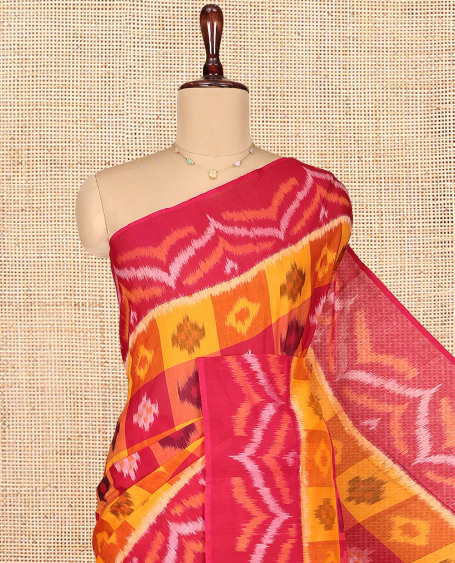 Multi-Color Ikkat Cotton Saree, Accentuated with Butta Enclosed Checks, Complemented by a Contrast Ikkat-Textured Border, Ikkat-Textured Pallu, and Paired with a Contrast Blouse - Image 2