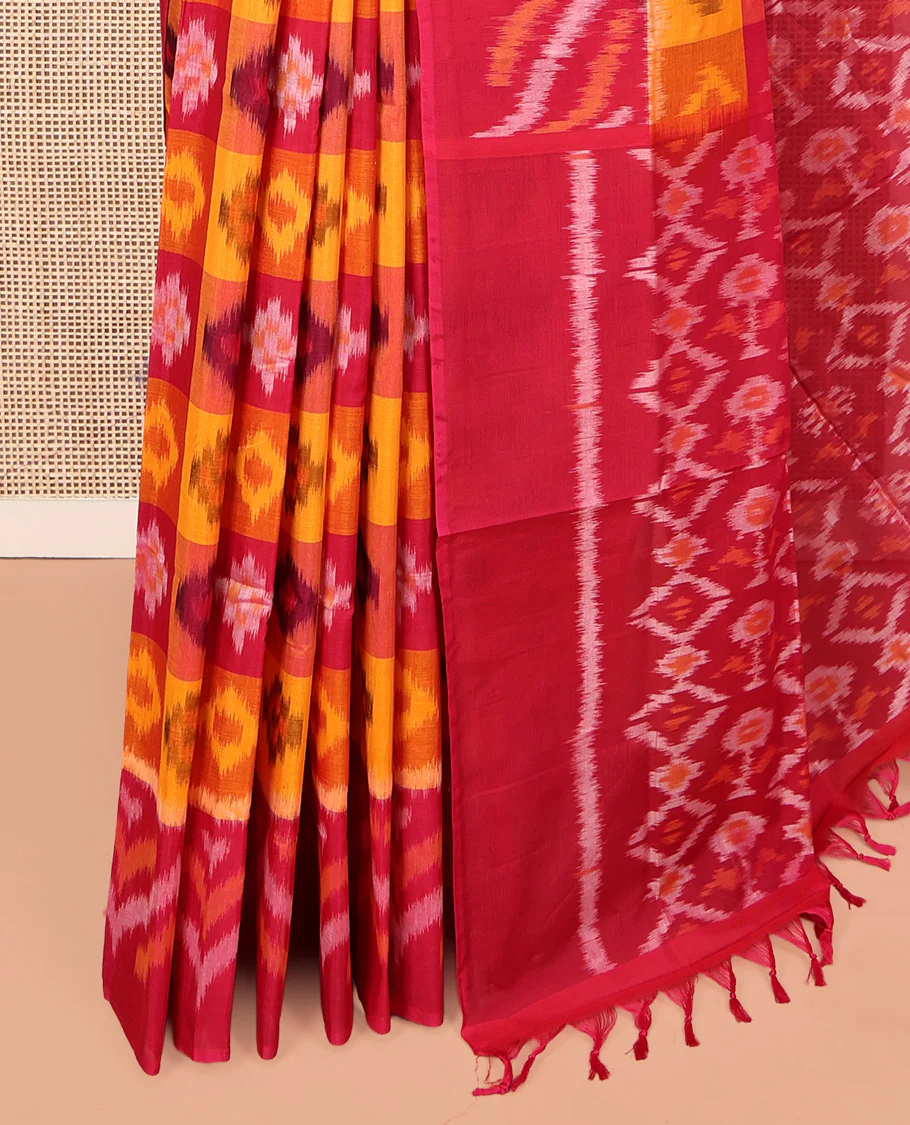 Multi-Color Ikkat Cotton Saree, Accentuated with Butta Enclosed Checks, Complemented by a Contrast Ikkat-Textured Border, Ikkat-Textured Pallu, and Paired with a Contrast Blouse - Image 3