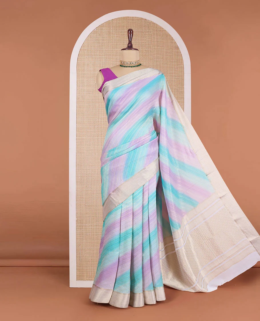 Multi-color leheriya-style striped Mysore silk saree, traditional zari border, and zari-rich jaal pallu - Image 2