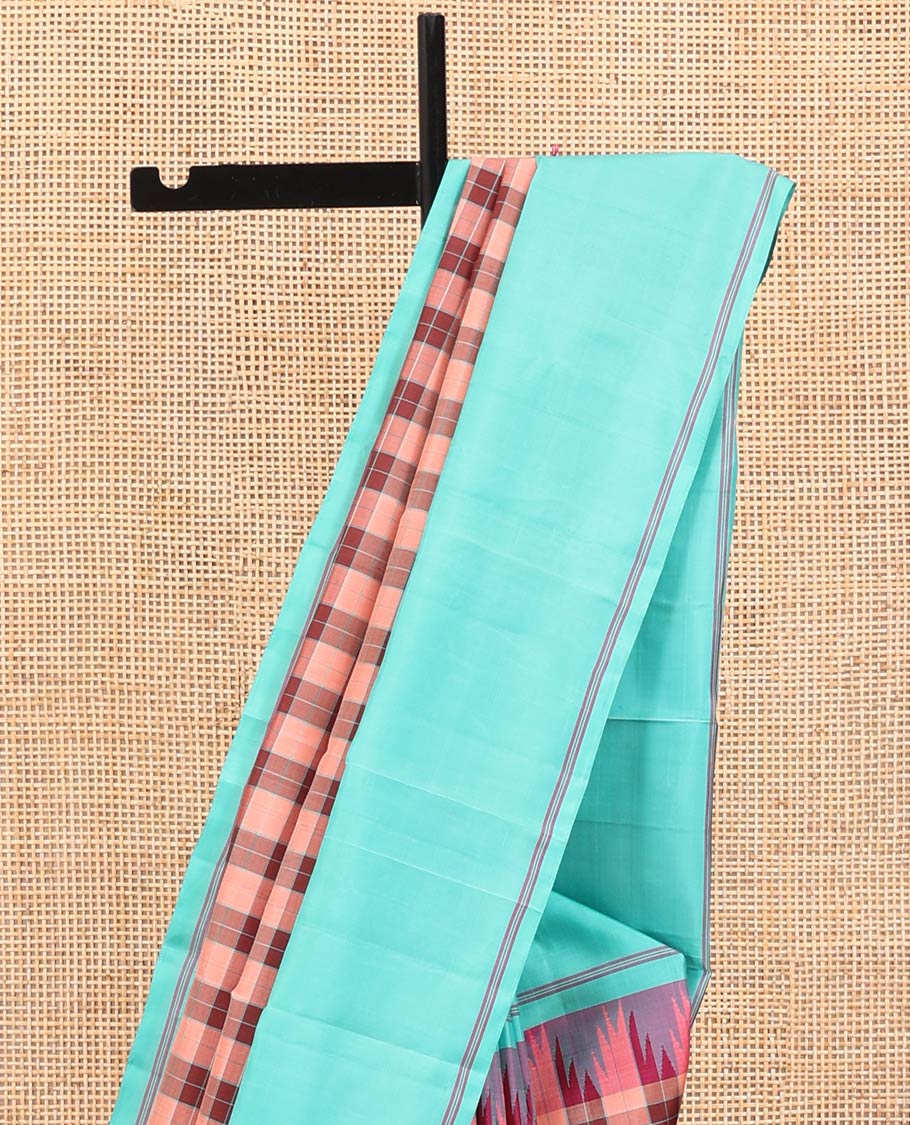 Multi-Color Palum Pazhamum Checked Kanchipuram Silk Saree,complemented by a Contrast Rettai Pettu Thazampoo Rekku Border, Pallu of Stripes, and Paired with a Contrast Blouse - Image 3
