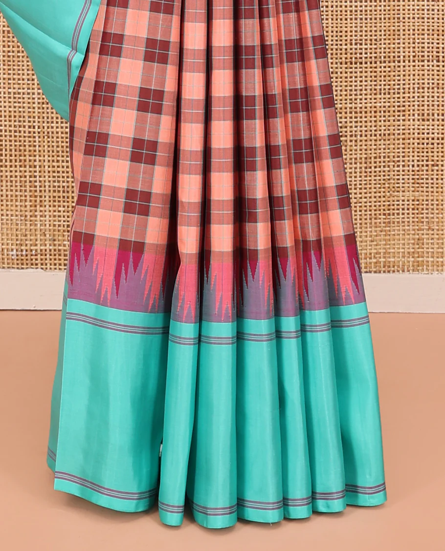 Multi-Color Palum Pazhamum Checked Kanchipuram Silk Saree,complemented by a Contrast Rettai Pettu Thazampoo Rekku Border, Pallu of Stripes, and Paired with a Contrast Blouse - Image 4