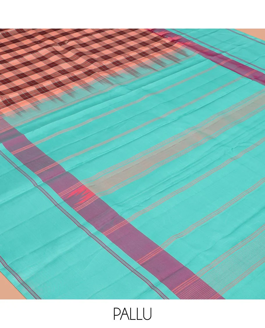 Multi-Color Palum Pazhamum Checked Kanchipuram Silk Saree,complemented by a Contrast Rettai Pettu Thazampoo Rekku Border, Pallu of Stripes, and Paired with a Contrast Blouse - Image 5
