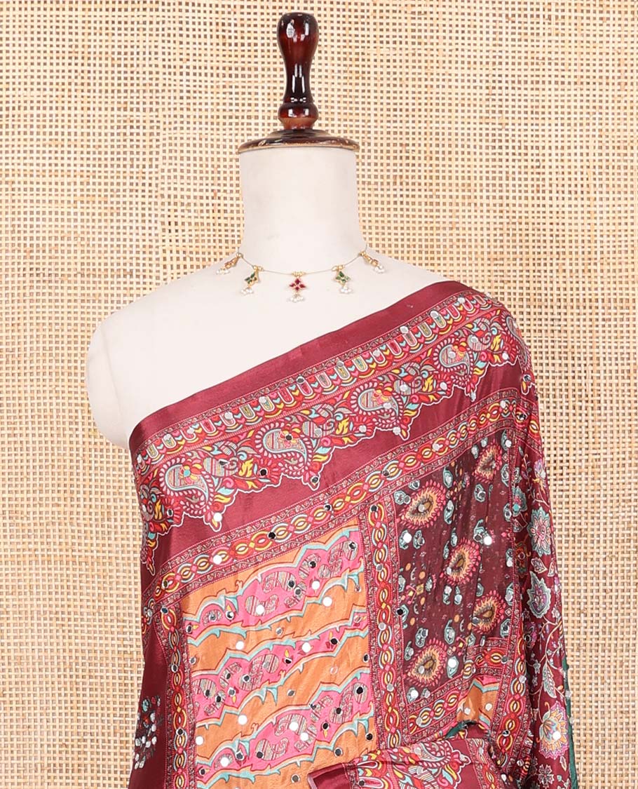 Multi Color Printed Mirror Work Synon Silk Saree With Printed Border Printed Rich Pallu Along With Plain Blouse - Image 3