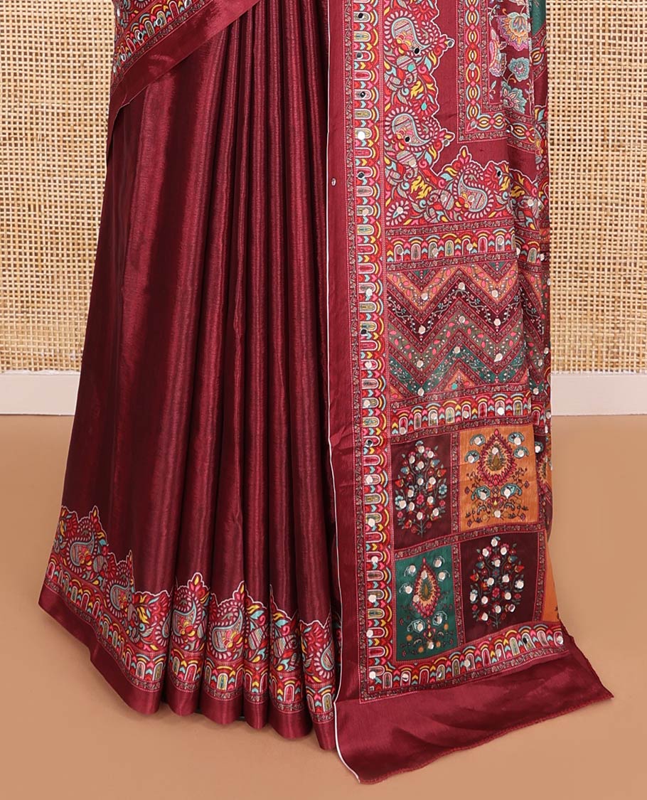 Multi Color Printed Mirror Work Synon Silk Saree With Printed Border Printed Rich Pallu Along With Plain Blouse - Image 4