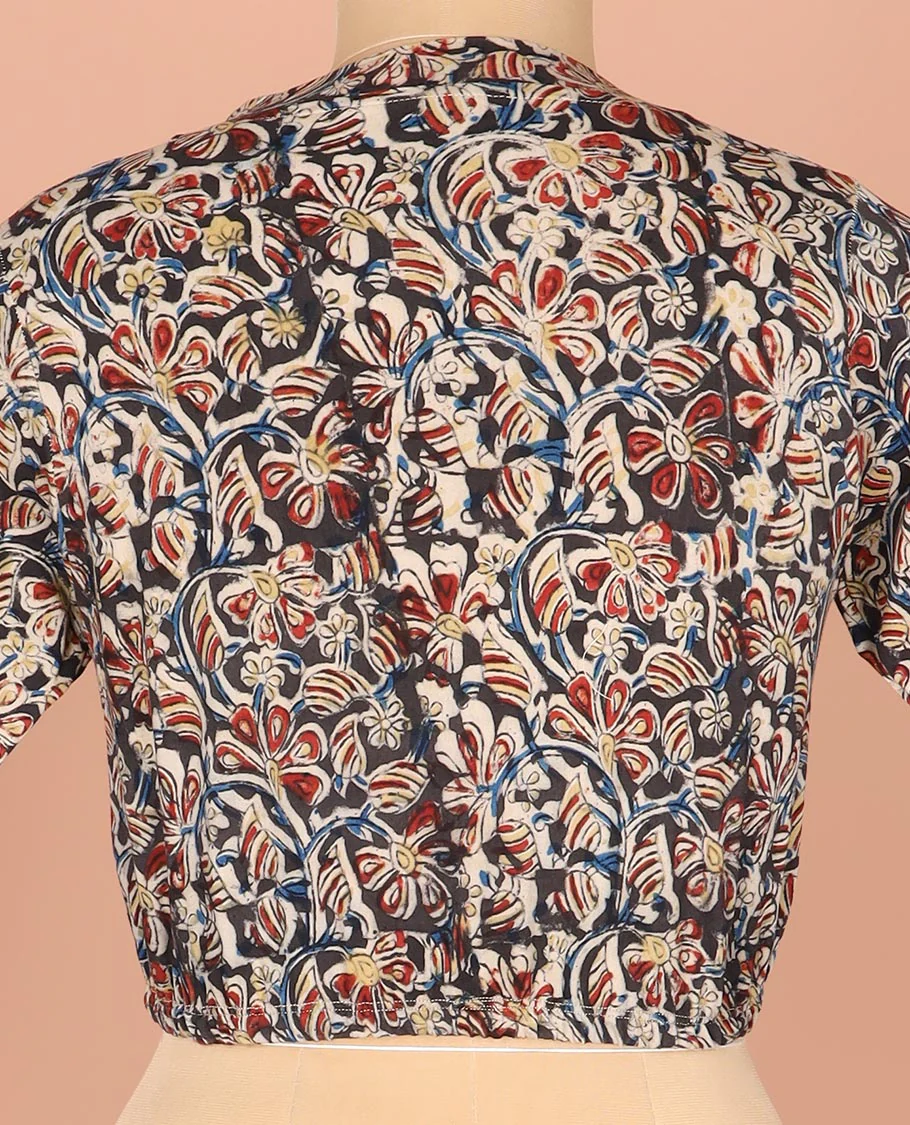 Multi-Color Readymade Blouse Artfully Detailed with Floral Vine Prints, Featuring a Front V-Neck, a Back Closed Neck, and Full Sleeves - Image 4