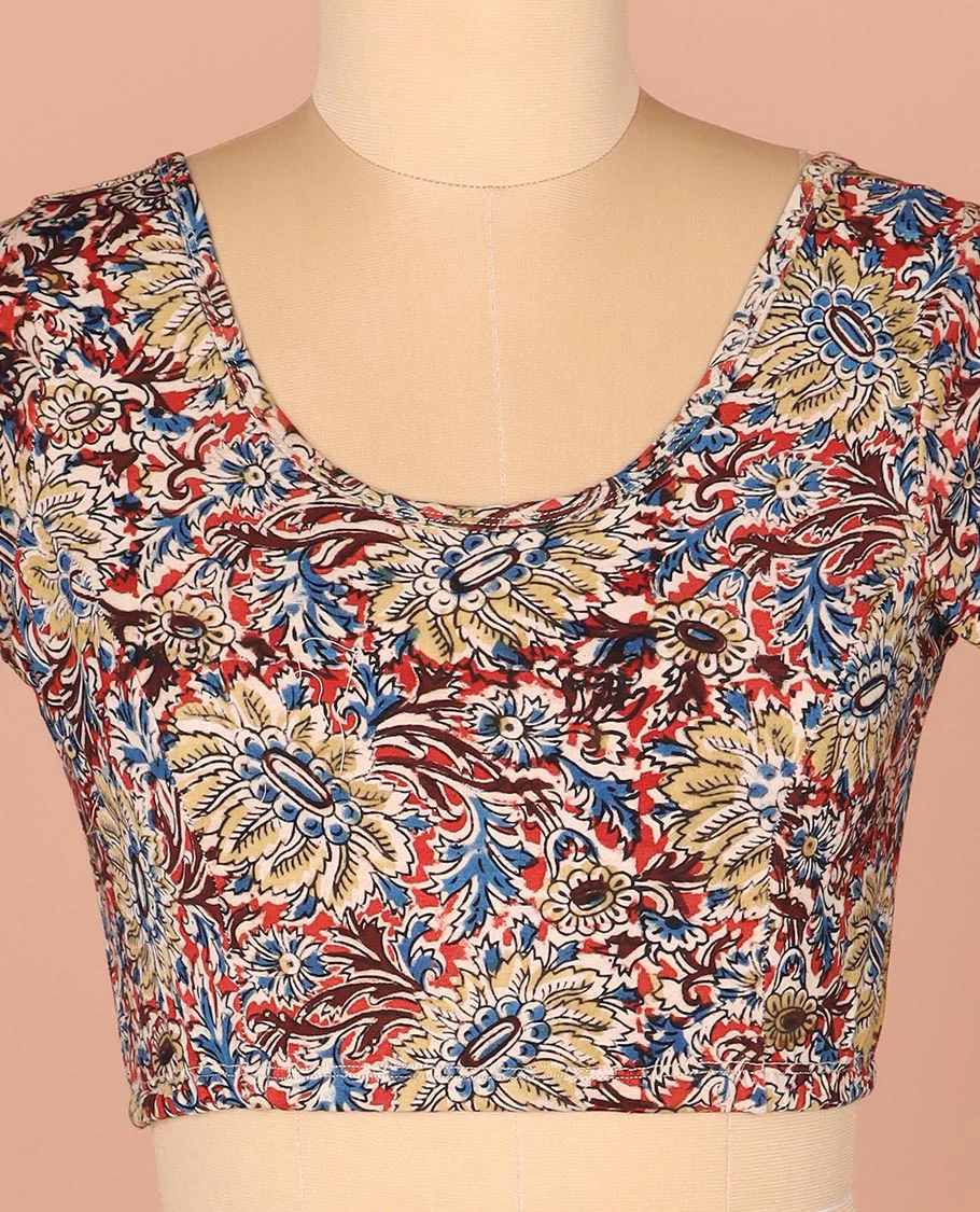 Multi-Color Readymade Blouse Beautifully Printed with Floral Motifs, Featuring a Front Round-Neck, a Back Round Neck, and Elbow Sleeves - Image 3