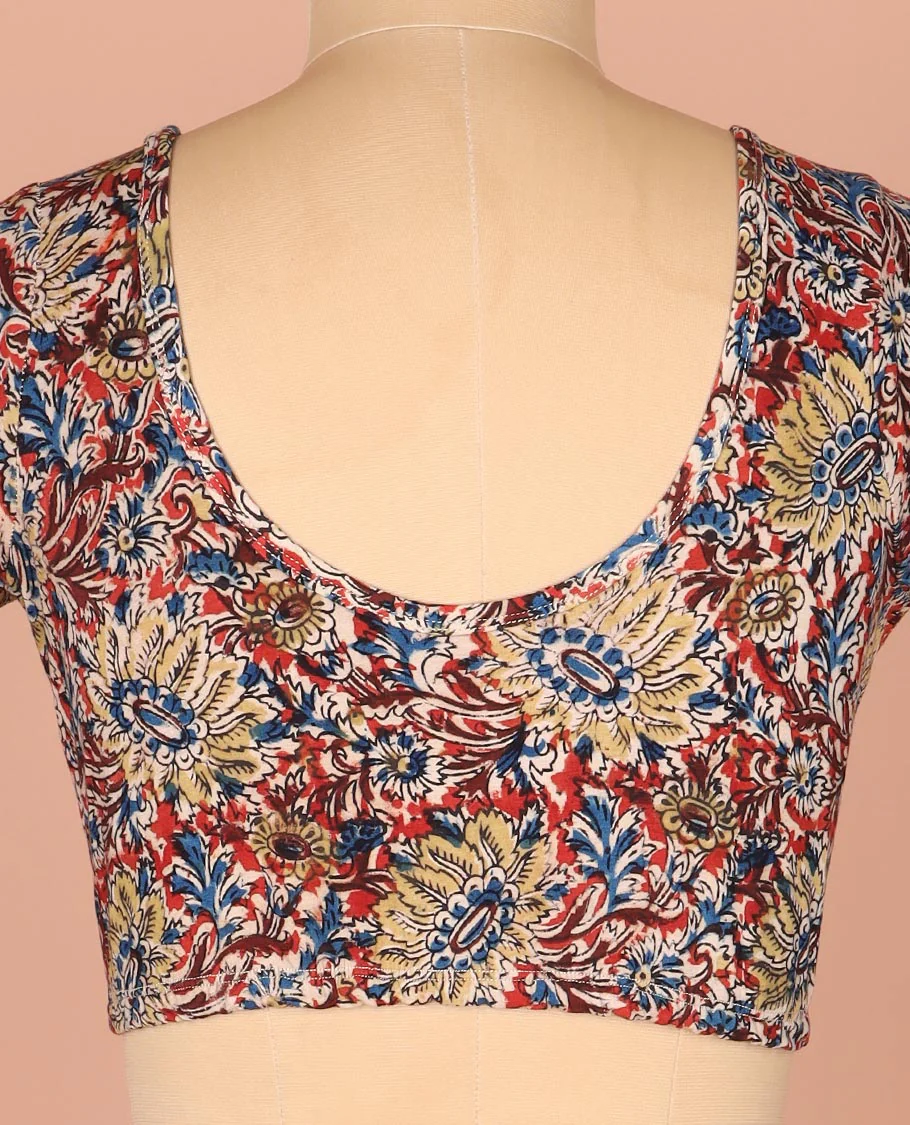 Multi-Color Readymade Blouse Beautifully Printed with Floral Motifs, Featuring a Front Round-Neck, a Back Round Neck, and Elbow Sleeves - Image 4