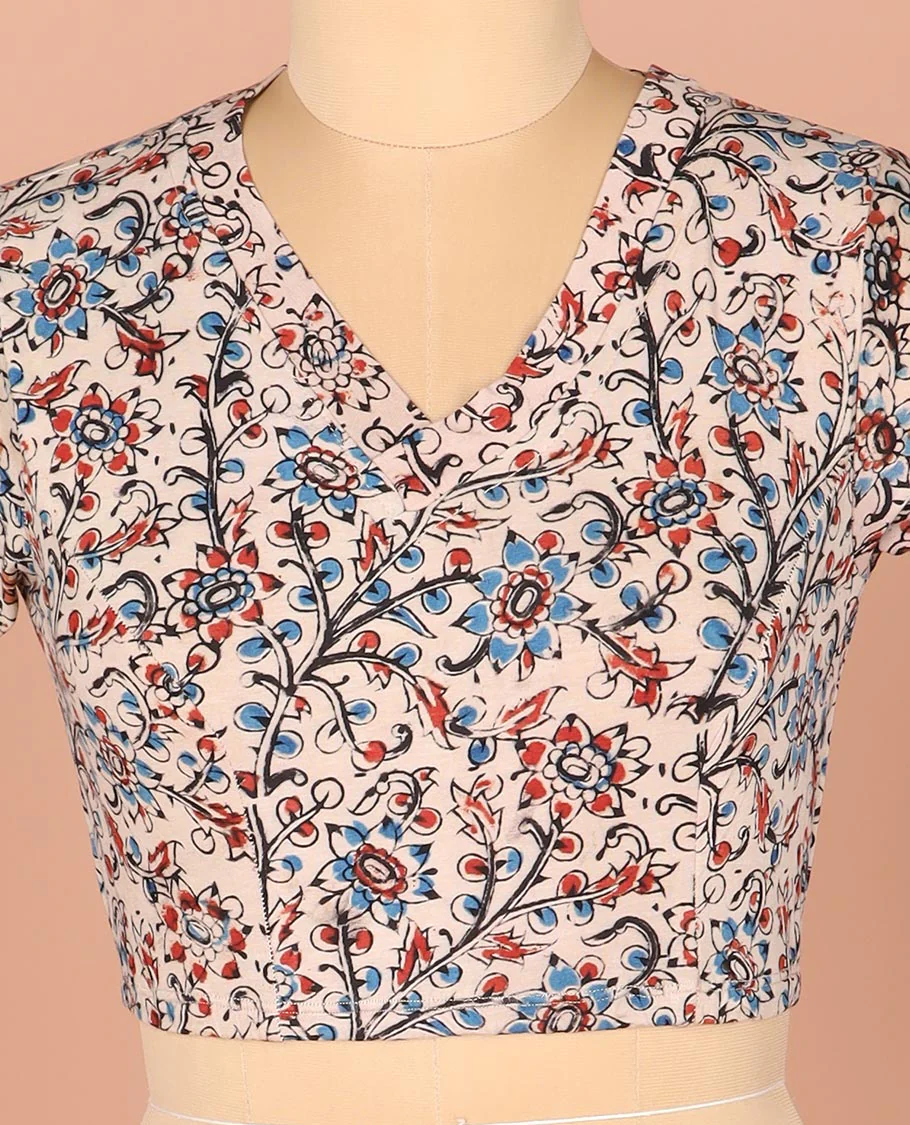 Multi-Color Readymade Blouse Gracefully Decked Up with Floral Vine Prints, Featuring a Front V-Neck, a Back Closed Neck, and Full Sleeves - Image 3