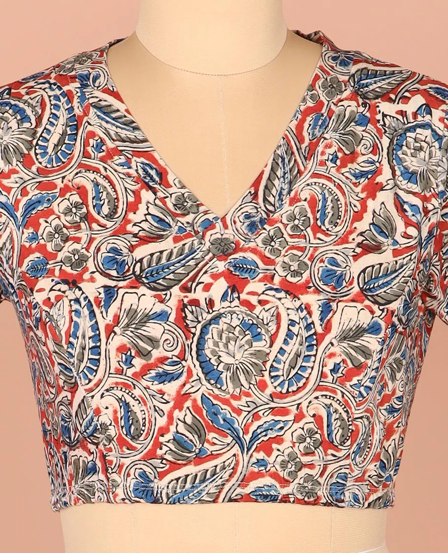 Multi-Color Readymade Blouse Meticulously Printed with Floral-Paisley Vine, Featuring a Front V-Neck, a Back Closed Neck, and Full Sleeves - Image 3