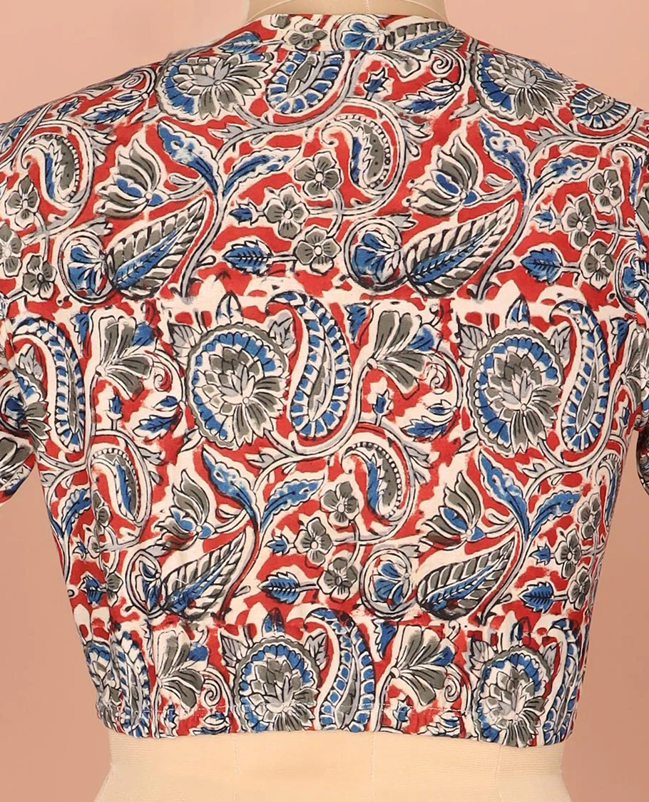 Multi-Color Readymade Blouse Meticulously Printed with Floral-Paisley Vine, Featuring a Front V-Neck, a Back Closed Neck, and Full Sleeves - Image 4